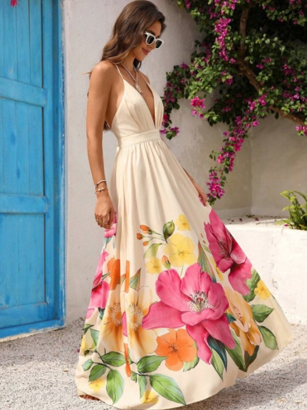 Women's Floral Print Deep V Neck Backless Dress